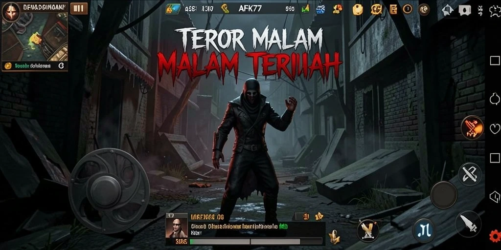 Screenshot gameplay AFK77 yang menampilkan adegan mencekam saat menjelajahi lokasi angker.