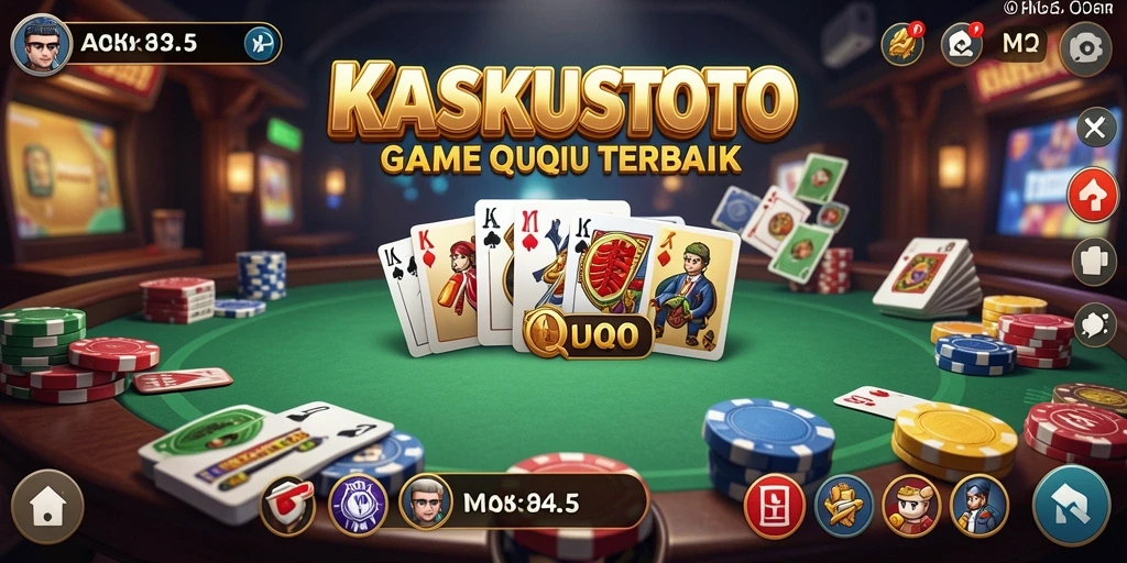 Tampilan gameplay KASKUSTOTO menampilkan kartu dan turnamen QiuQiu yang seru.