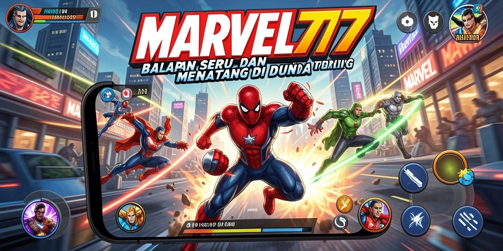 Tampilan gameplay Racing MARVEL77 dengan karakter superhero.