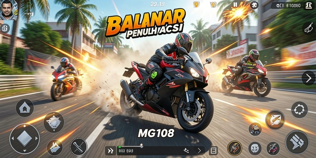 Tampilan balapan menegangkan dalam MG108 dengan motor berkecepatan tinggi.