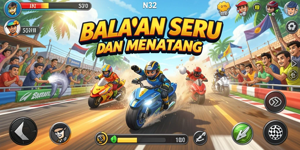 Screenshot gameplay N32 menampilkan balapan yang mendebarkan dan mobil yang beragam.