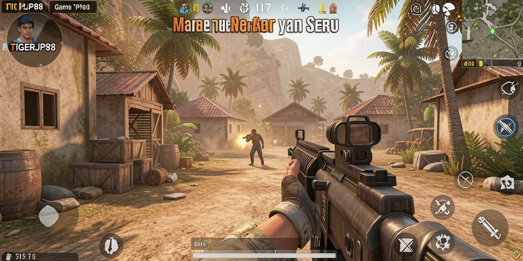 Tampilan gameplay seru dalam TIGERJP88 yang menampilkan aksi menembak.