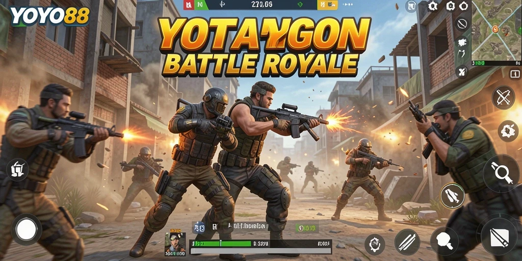 Tangkapan layar gameplay YOYO88 menampilkan aksi intens dalam pertarungan Battle Royale.